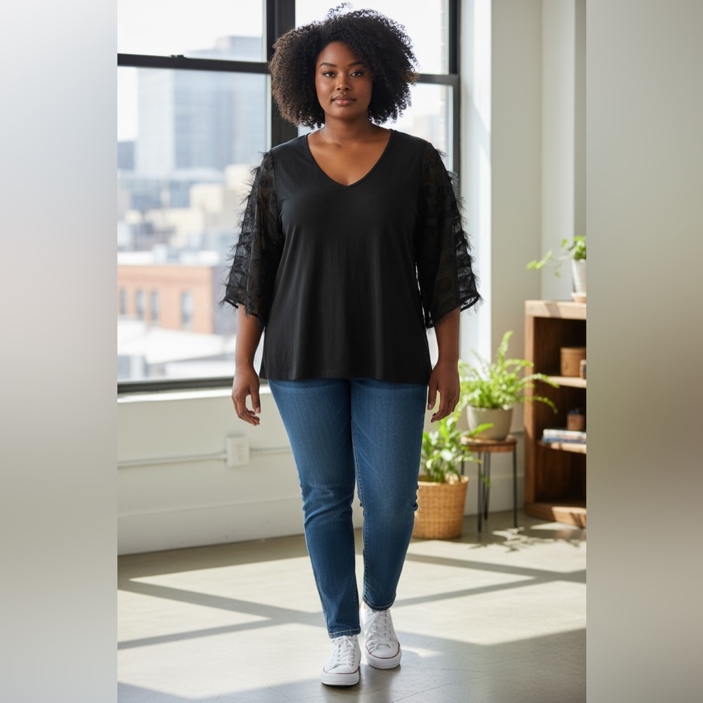 AND THE WHY PLUS BLACK WOVEN EMBELLISHED SLEEVE BLOUSE